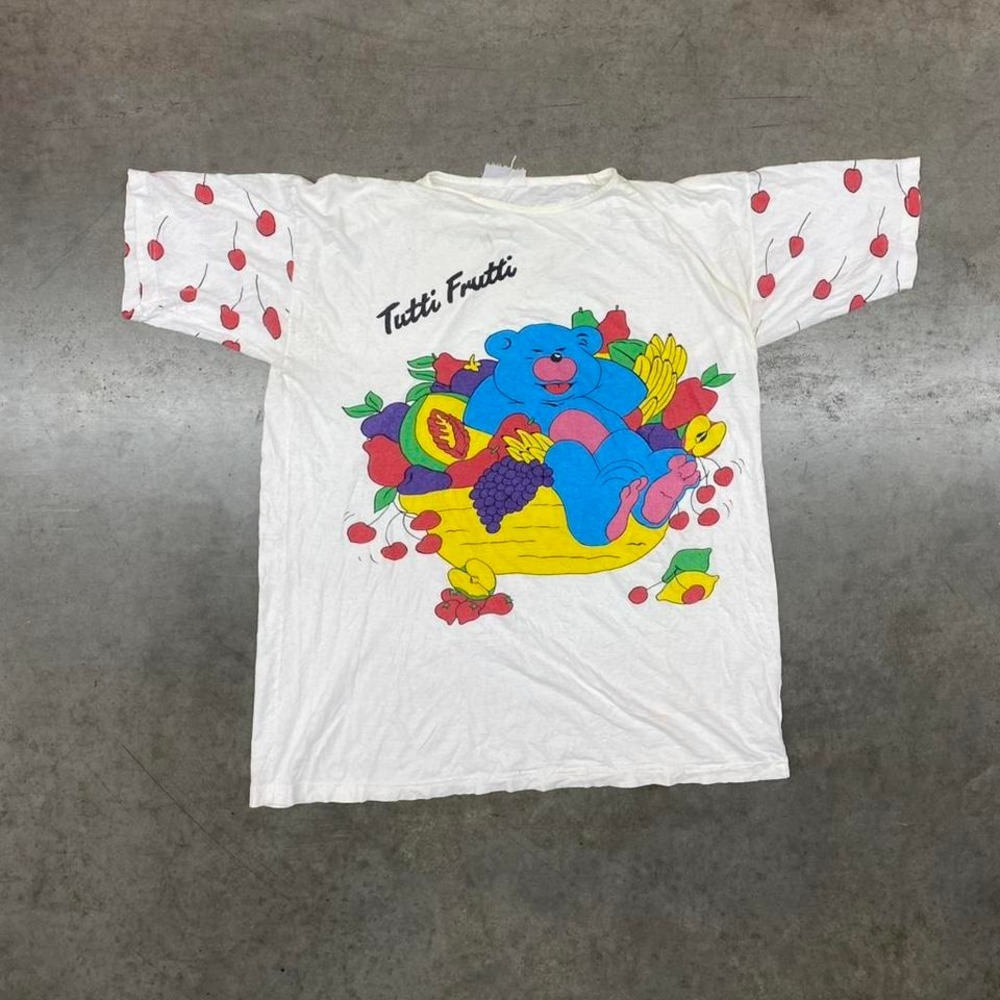 Vintage Tutti Frutti Men's White Graphic T-Shirt Size‎ XL 80s Oversized